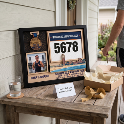 New York Triathlon Medal Display, Personalized Medal Hanger with Photo, Race Bib & Route Options, Triathlete Gift