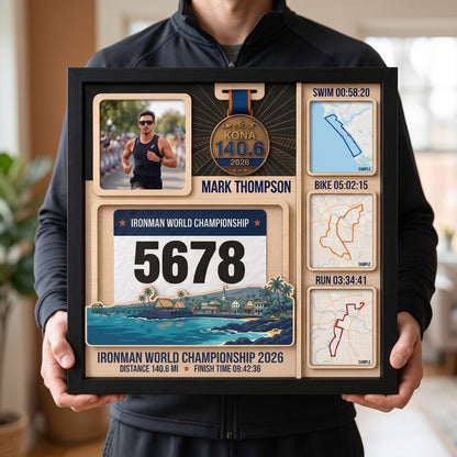 Kona Triathlon Medal Display, Personalized Medal Hanger with Photo, Race Bib & Route Options, Triathlete Gift