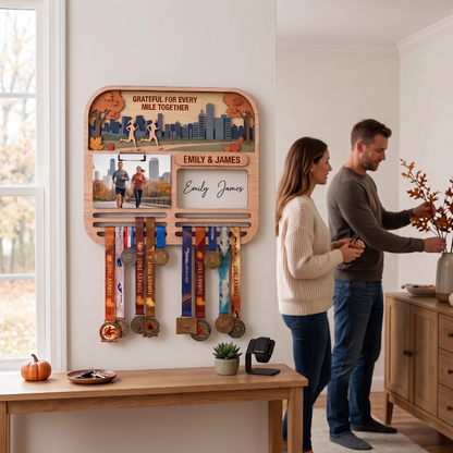 Personalized Turkey Trot Medal Hanger for Couples, Wooden Running Medal Holder, Thanksgiving Gift