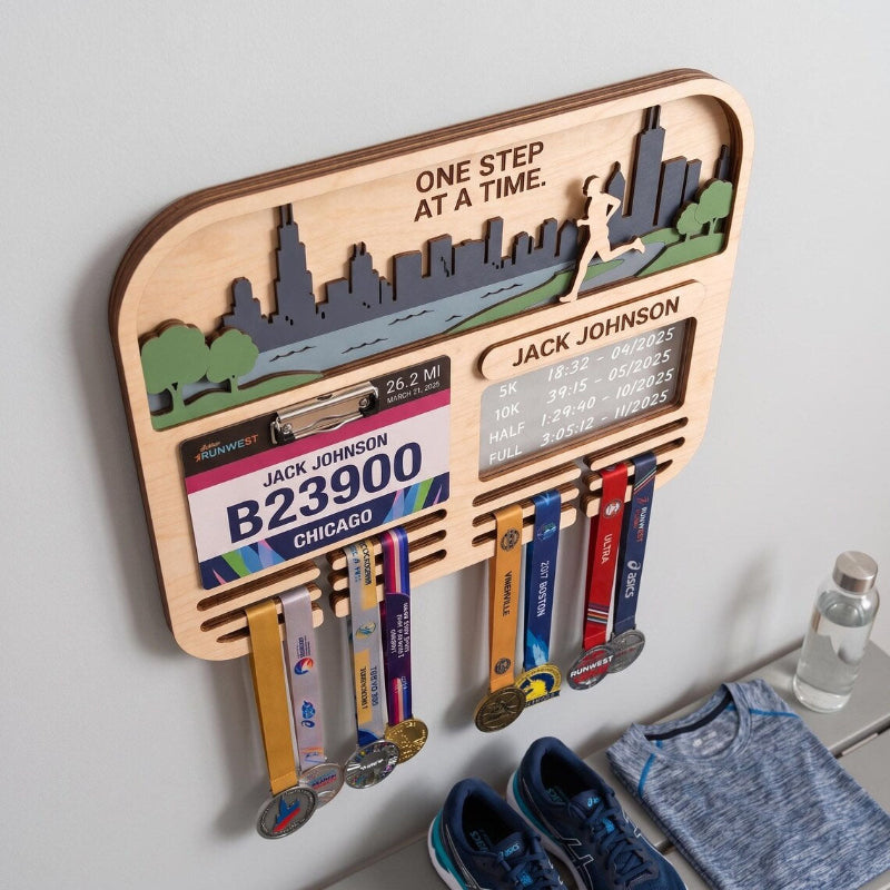 Chicago Marathon Medal Holder, Personalized Running Medal Hanger, Optional Race Bib Display and Tracker