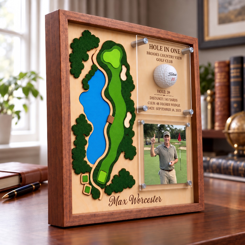 Hole in One Acrylic Display, Personalized Golf Course Map, Ball & Photo Frame, Custom Golf Gift