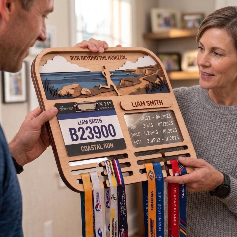 Personalized Marathon Medal Display, Running Medal Holder & Race Bib Display, Coastal Cliff Design
