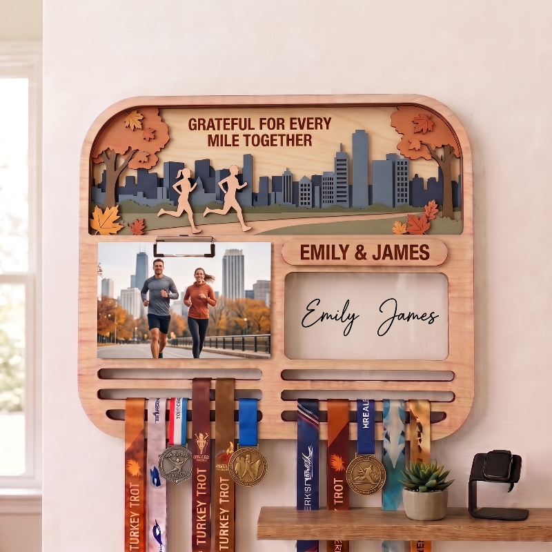 Personalized Turkey Trot Medal Hanger for Couples, Wooden Running Medal Holder, Thanksgiving Gift