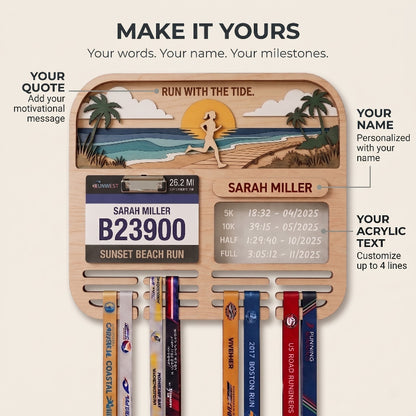 Personalized Running Medal Holder, Sunset Beach Design, Race Bib Display with Optional Running Tracker
