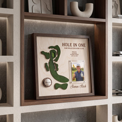 Personalized Hole in One Golf Display with Golf Course Map, Golf Ball Holder & Photo
