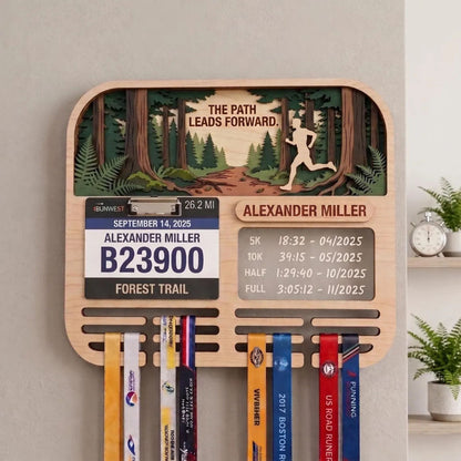 Personalized Running Medal Holder, Forest Trail Running Design, Race Bib Display & Optional Tracker