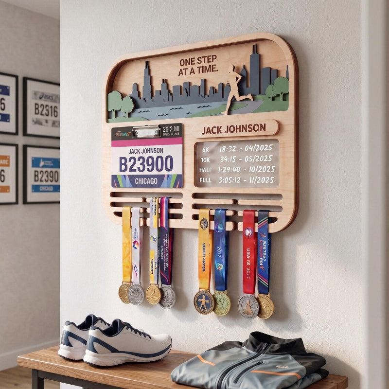 Chicago Marathon Medal Holder, Personalized Running Medal Hanger, Optional Race Bib Display and Tracker