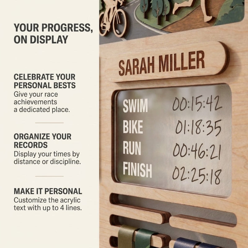 Layered Triathlon Medal Display, Forest Race Bib Holder & Custom Medal Hanger, Triathlete Gift, Race Day Keepsake