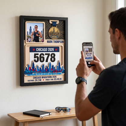 Chicago Marathon Layering Medal Hanger, Personalized Race Route Map on Wood, Custom Bib & Medal Display with Photo, Gift for Marathon Finisher
