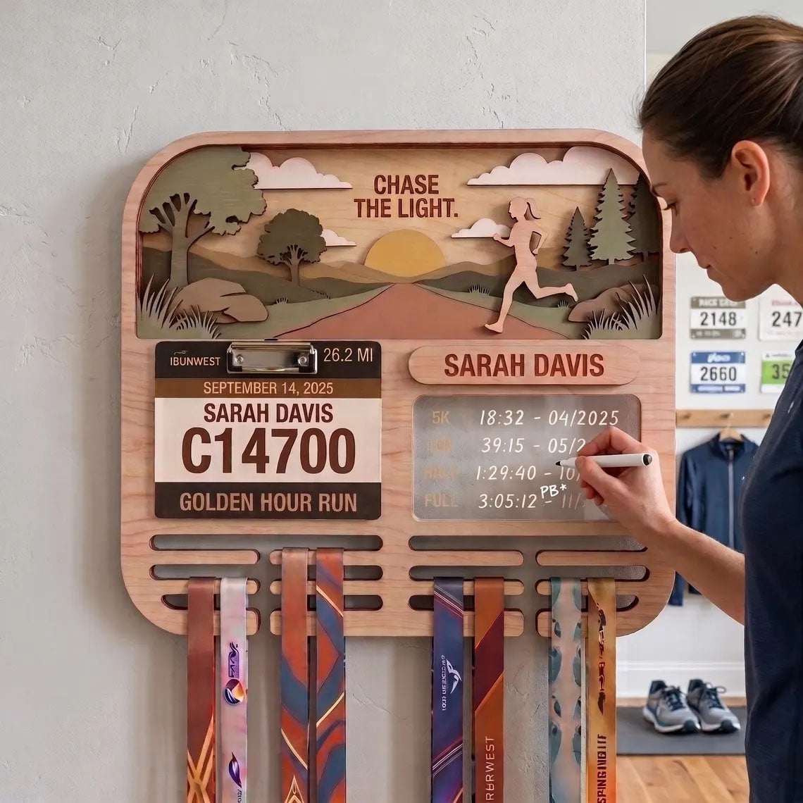 Personalized Running Medal Holder & Race Bib Display, Wooden Marathon Medal Hanger, Sunset Run Design