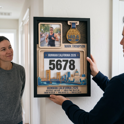 Triathlon Medal Display Frame, Personalized Medal Hanger, Race Bib & Photo Display with Route Option, Triathlete Gift