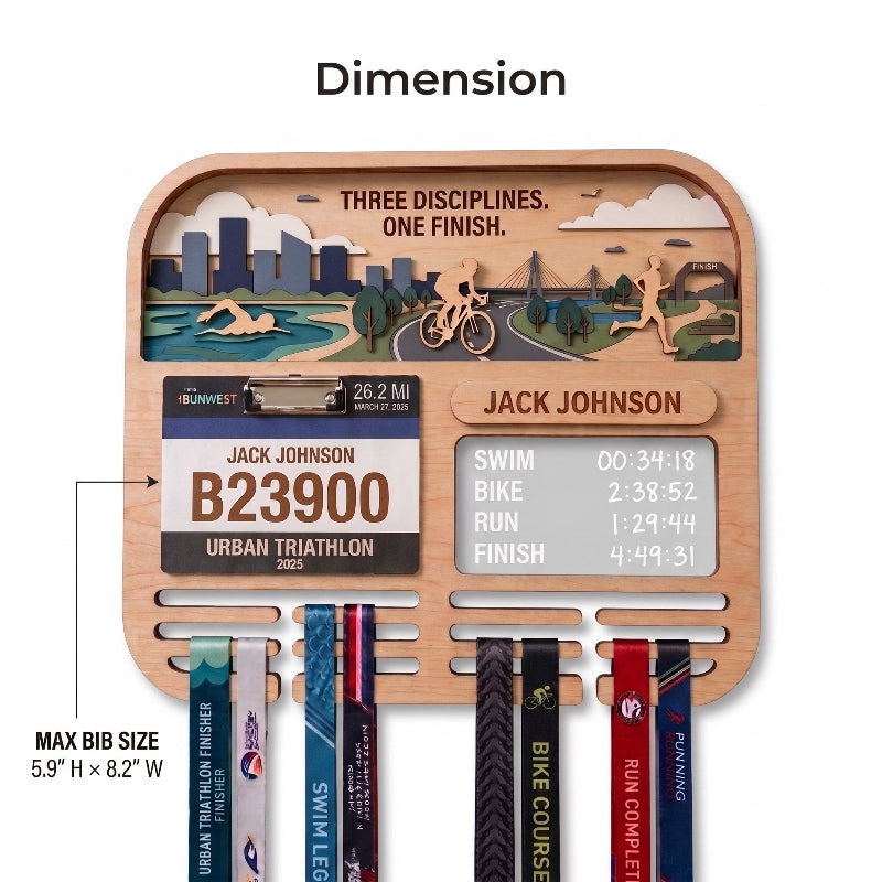 Personalized Triathlon Medal Display, Forest Medal Hanger, Optional Race Bib Holder, Triathlete Gift