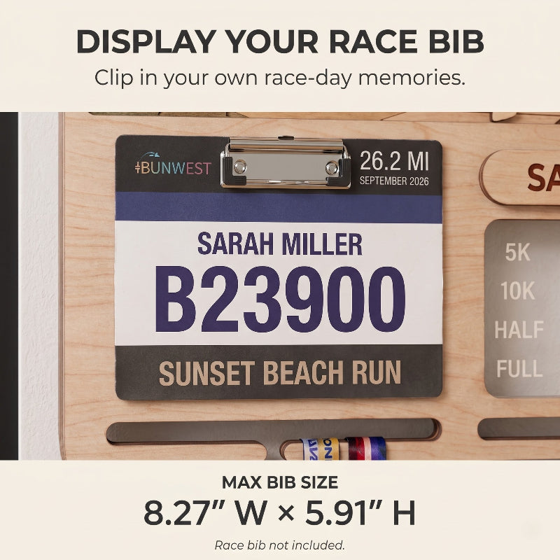 Personalized Running Medal Holder, Sunset Beach Design, Race Bib Display with Optional Running Tracker