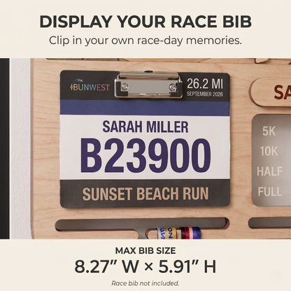 Personalized Running Medal Holder, Sunset Beach Design, Race Bib Display with Optional Running Tracker