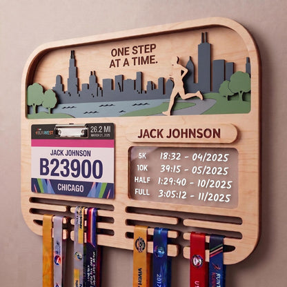 Chicago Marathon Medal Holder, Personalized Running Medal Hanger, Optional Race Bib Display and Tracker