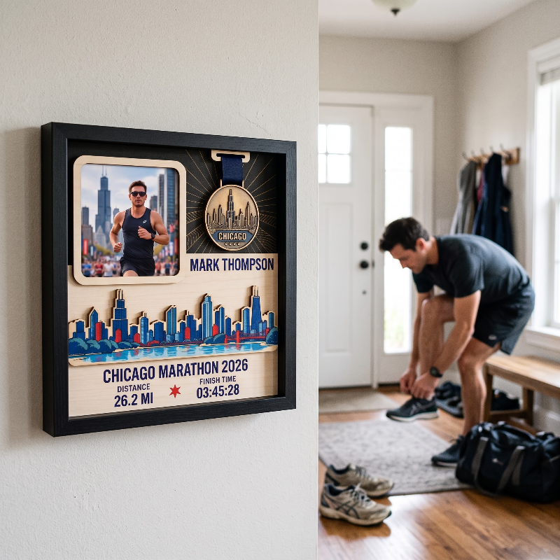 Chicago Marathon Layering Medal Hanger, Personalized Race Route Map on Wood, Custom Bib & Medal Display with Photo, Gift for Marathon Finisher