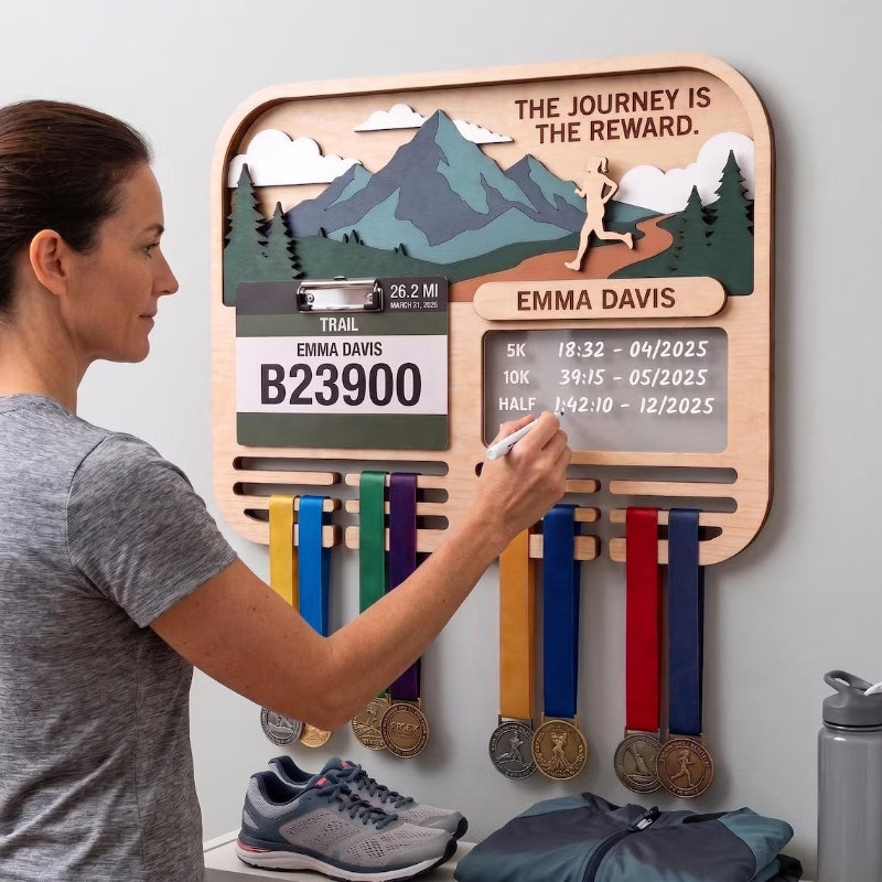 Personalized Trail Running Medal Holder & Race Bib Display, Wooden Medal Hanger, Runner Gift for Her