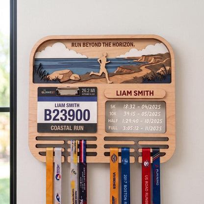 Personalized Marathon Medal Display, Running Medal Holder & Race Bib Display, Coastal Cliff Design