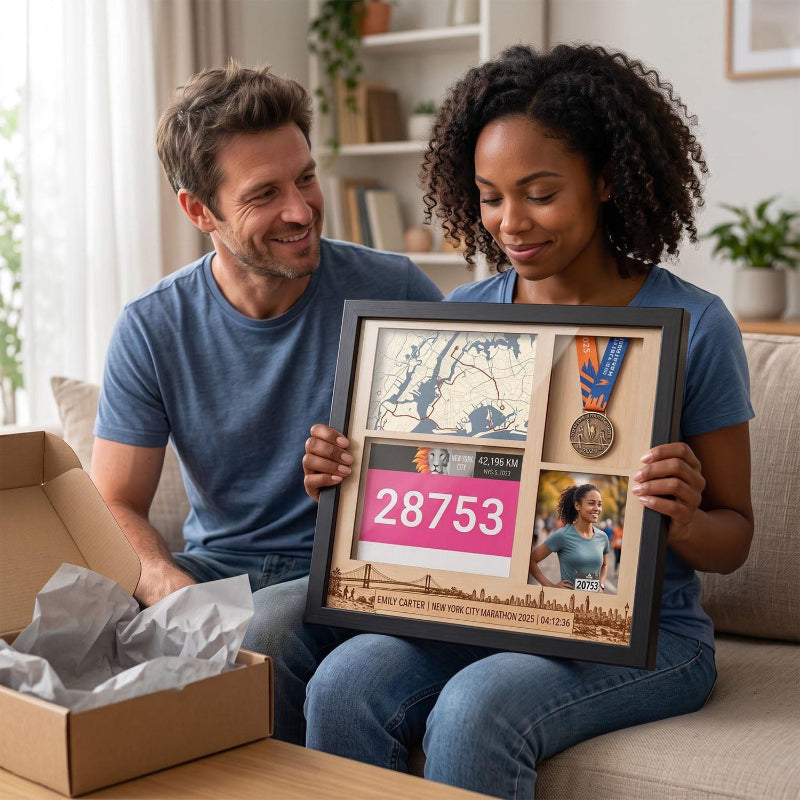 New York Marathon Shadow Box Display, Race Bib Medal and Photo Holder, Personalized Running Memory Box for Marathon Runners