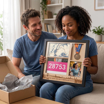 New York Marathon Shadow Box Display, Race Bib Medal and Photo Holder, Personalized Running Memory Box for Marathon Runners