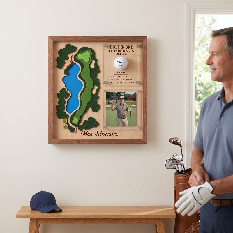 Hole in One Acrylic Display, Personalized Golf Course Map, Ball & Photo Frame, Custom Golf Gift