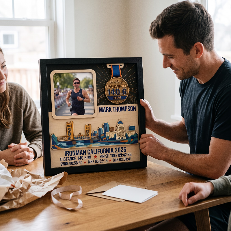 Triathlon Medal Display Frame, Personalized Medal Hanger, Race Bib & Photo Display with Route Option, Triathlete Gift