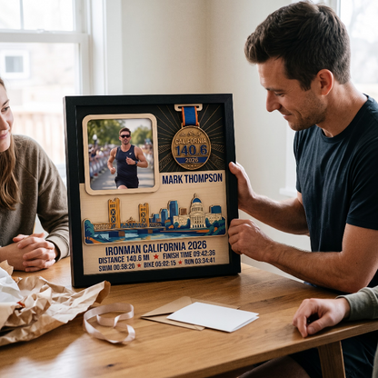 Triathlon Medal Display Frame, Personalized Medal Hanger, Race Bib & Photo Display with Route Option, Triathlete Gift