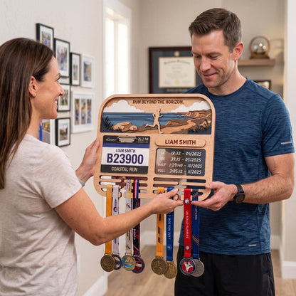 Personalized Marathon Medal Display, Running Medal Holder & Race Bib Display, Coastal Cliff Design