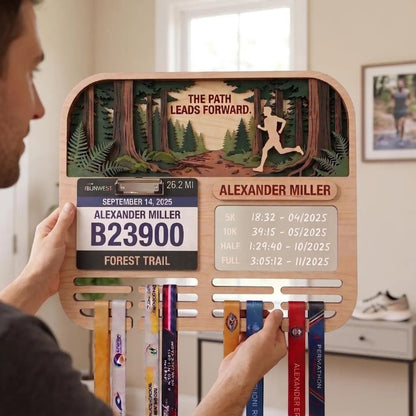 Personalized Running Medal Holder, Forest Trail Running Design, Race Bib Display & Optional Tracker