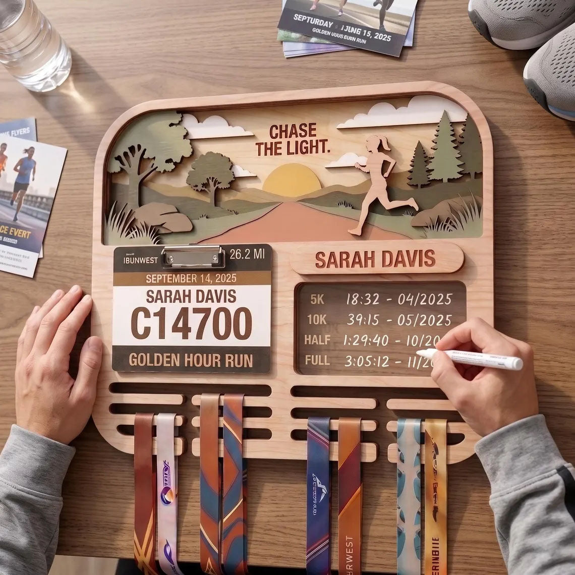 Personalized Running Medal Holder & Race Bib Display, Wooden Marathon Medal Hanger, Sunset Run Design