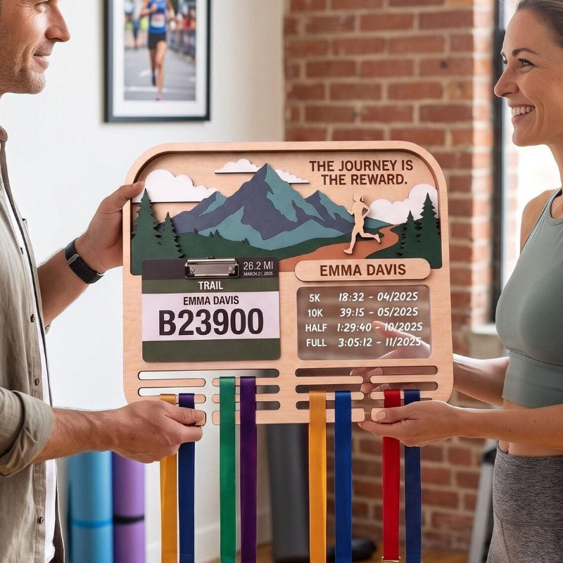 Personalized Trail Running Medal Holder & Race Bib Display, Wooden Medal Hanger, Runner Gift for Her
