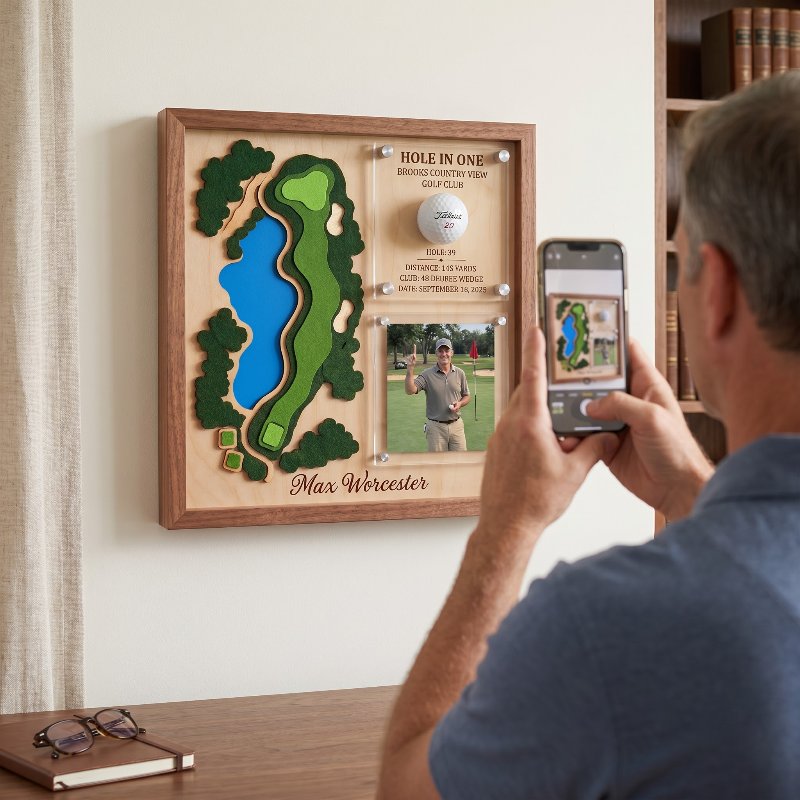 Hole in One Acrylic Display, Personalized Golf Course Map, Ball & Photo Frame, Custom Golf Gift