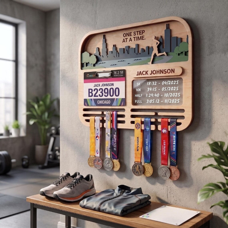 Chicago Marathon Medal Holder, Personalized Running Medal Hanger, Optional Race Bib Display and Tracker