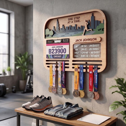 Chicago Marathon Medal Holder, Personalized Running Medal Hanger, Optional Race Bib Display and Tracker