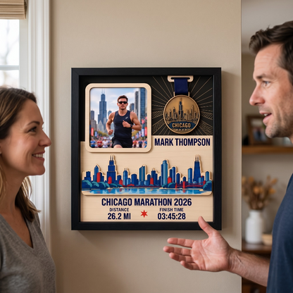 Chicago Marathon Layering Medal Hanger, Personalized Race Route Map on Wood, Custom Bib & Medal Display with Photo, Gift for Marathon Finisher