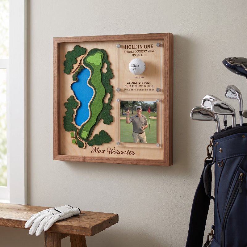 Hole in One Acrylic Display, Personalized Golf Course Map, Ball & Photo Frame, Custom Golf Gift