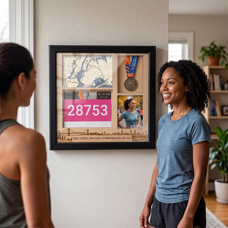 New York Marathon Shadow Box Display, Race Bib Medal and Photo Holder, Personalized Running Memory Box for Marathon Runners