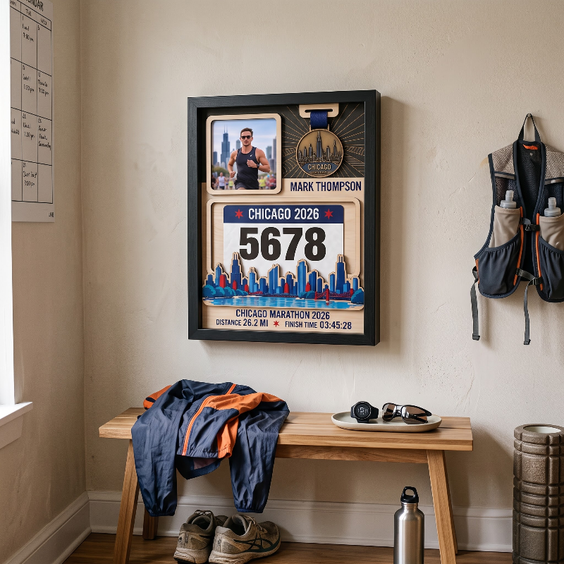 Chicago Marathon Layering Medal Hanger, Personalized Race Route Map on Wood, Custom Bib & Medal Display with Photo, Gift for Marathon Finisher