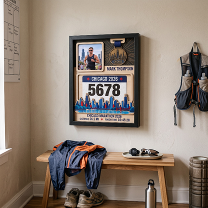 Chicago Marathon Layering Medal Hanger, Personalized Race Route Map on Wood, Custom Bib & Medal Display with Photo, Gift for Marathon Finisher