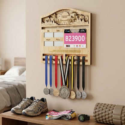 Personalized 3D Running Milestone and Bib Display, Custom Marathon Medal Holder, Wooden Race Achievement Wall Decor, Gift for Runners