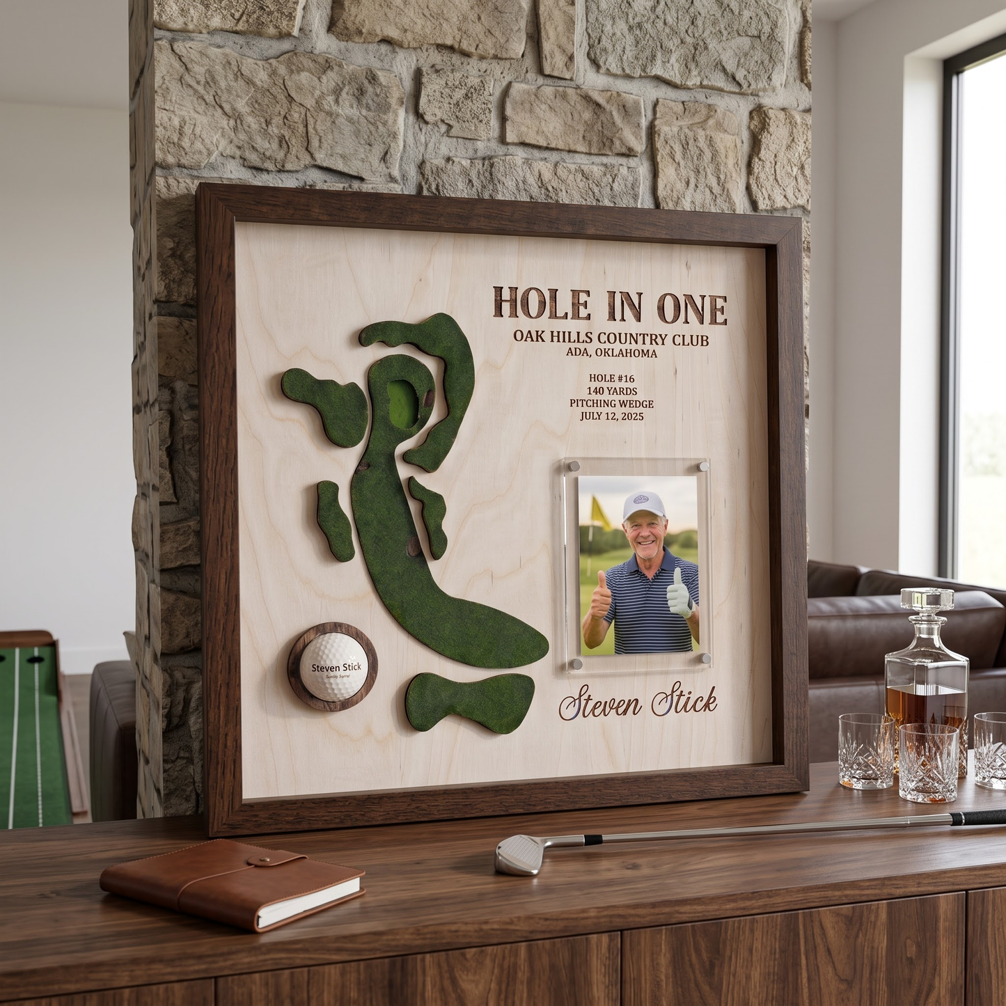 Personalized Hole in One Golf Display with Golf Course Map, Golf Ball Holder & Photo