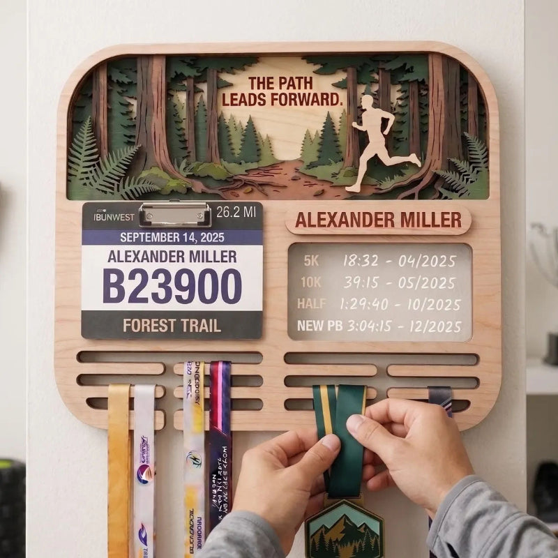 Personalized Running Medal Holder, Forest Trail Running Design, Race Bib Display & Optional Tracker