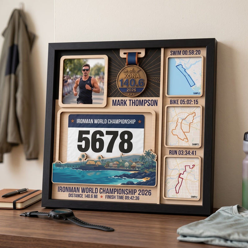 Kona Triathlon Medal Display, Personalized Medal Hanger with Photo, Race Bib & Route Options, Triathlete Gift