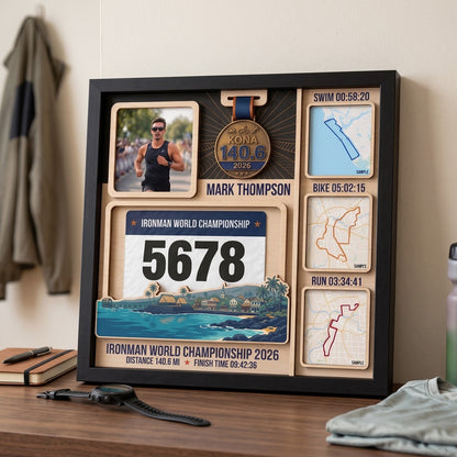 Kona Triathlon Medal Display, Personalized Medal Hanger with Photo, Race Bib & Route Options, Triathlete Gift