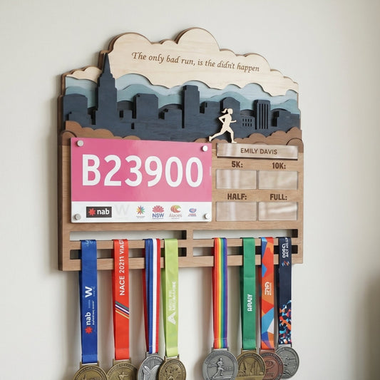 Custom 3D Running Medal and Bib Display, Personalized Marathon Medal Holder, Wooden Race Achievement Wall Decor, Gift for Runners