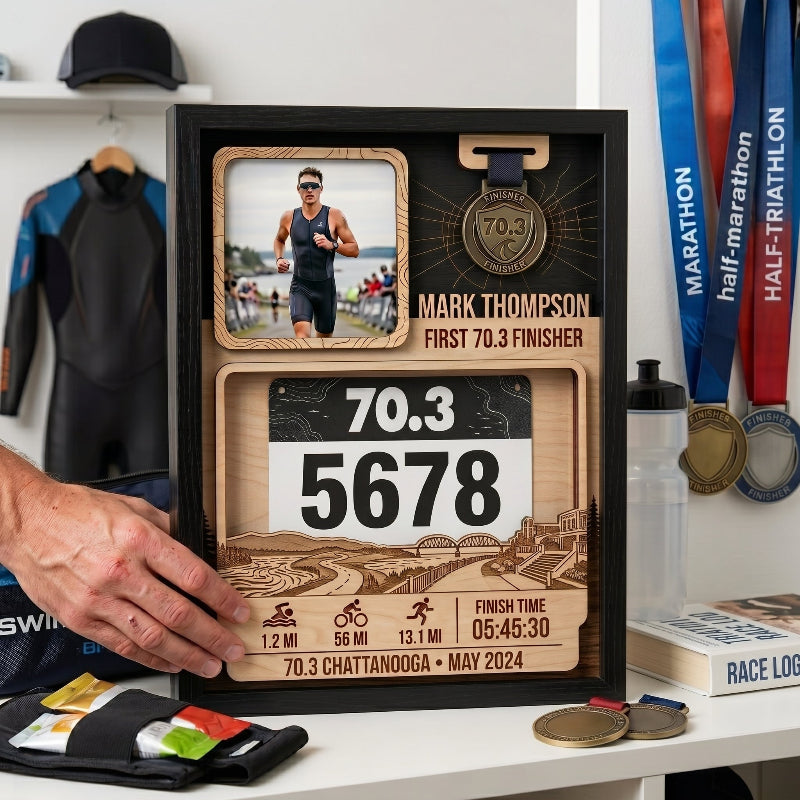Custom First 70.3 Triathlon Display, Chattanooga Race Bib Holder, Personalized Bib and Medal Keepsake