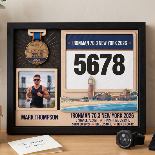 New York Triathlon Medal Display, Personalized Medal Hanger with Photo, Race Bib & Route Options, Triathlete Gift