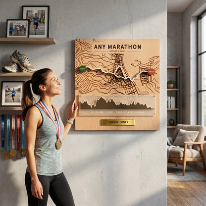 Personalized Marathon Route Map Board, 3D Running Display, Custom Race Memory Wall Decor, Gift for Runners