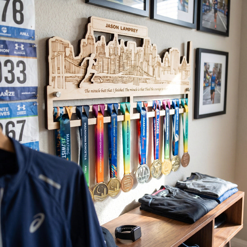 City Runner Medal Wooden Hanger, Personalized Marathon Medal Display, Custom Running Achievement Holder, Gift for Runners