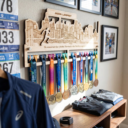 City Runner Medal Wooden Hanger, Personalized Marathon Medal Display, Custom Running Achievement Holder, Gift for Runners